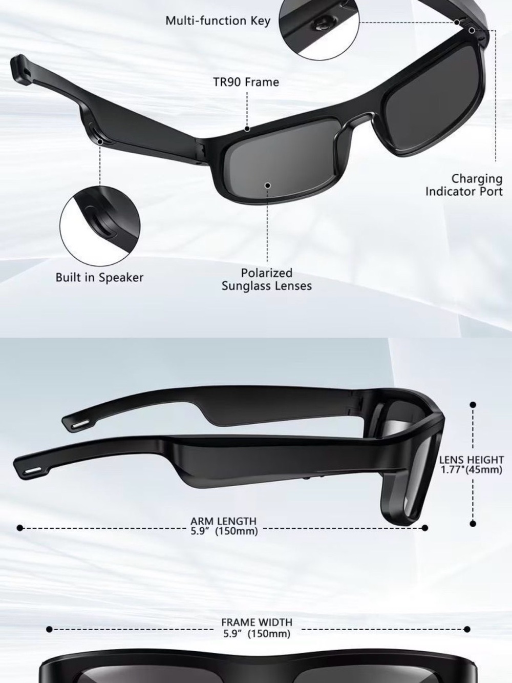 Wireless Audio Shades — Black Sunglasses with Built-in Mic & Speakers - Picture 3 of 3